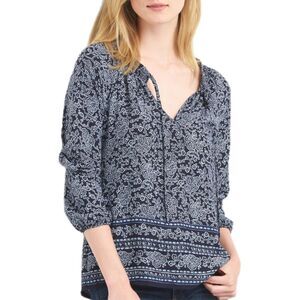 GAP | Navy Blue & White Paisley Print Smocked Peasant Blouse, Size M (8-10)